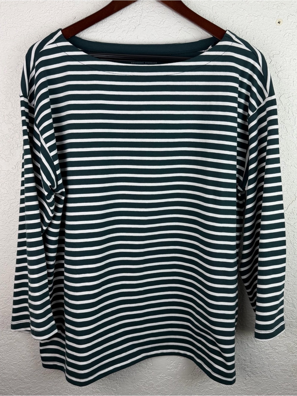 Universal Standard | Green White Striped Boatneck Long-Sleeve Top